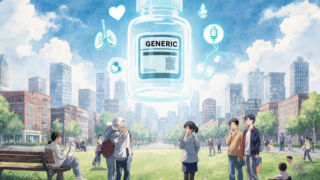 Diverse community members take generic meds under a glowing transparent pill bottle symbolizing access.