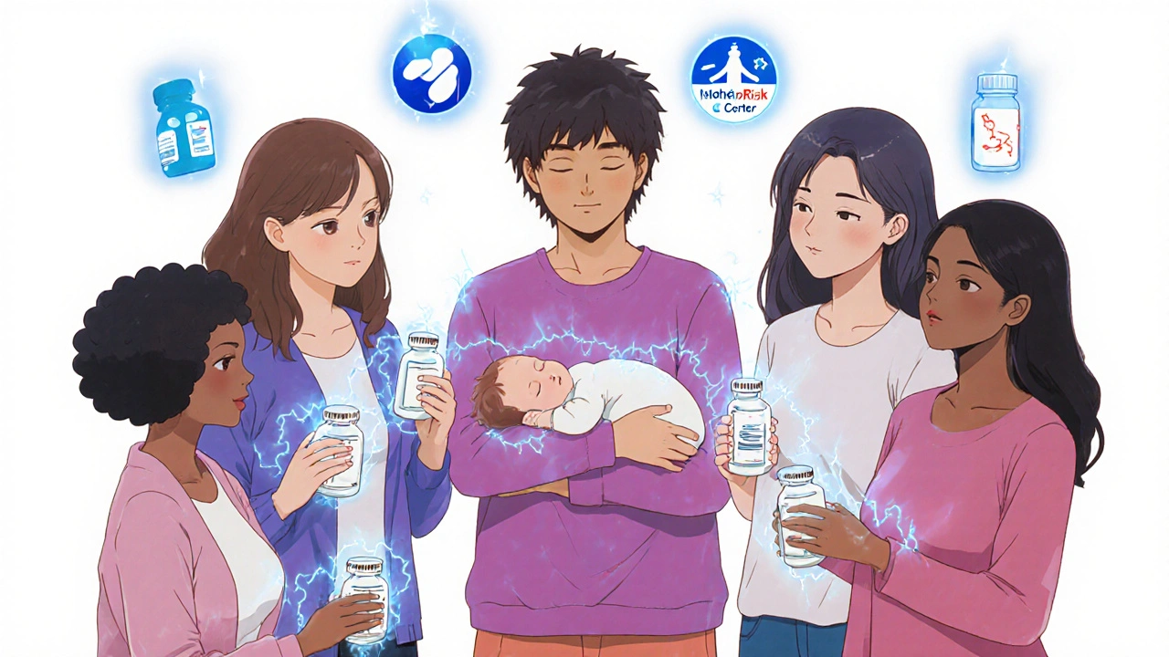 Diverse mothers breastfeeding in a supportive circle with safe medication symbols around them.