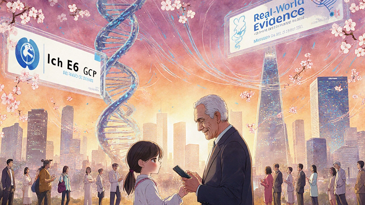 Diverse patients in a futuristic medical city surrounded by floating ICH E6 and real-world evidence data streams.