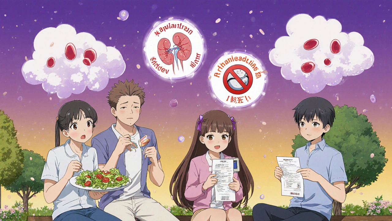 Diverse patients in park with floating medical icons representing anticoagulant risks and costs