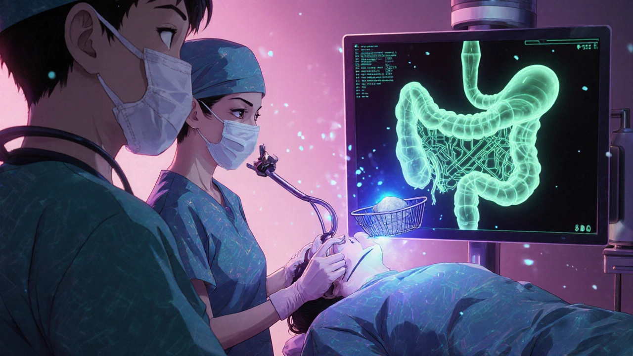 Doctor extracting a bile duct stone via ERCP with holographic X-rays, anime style