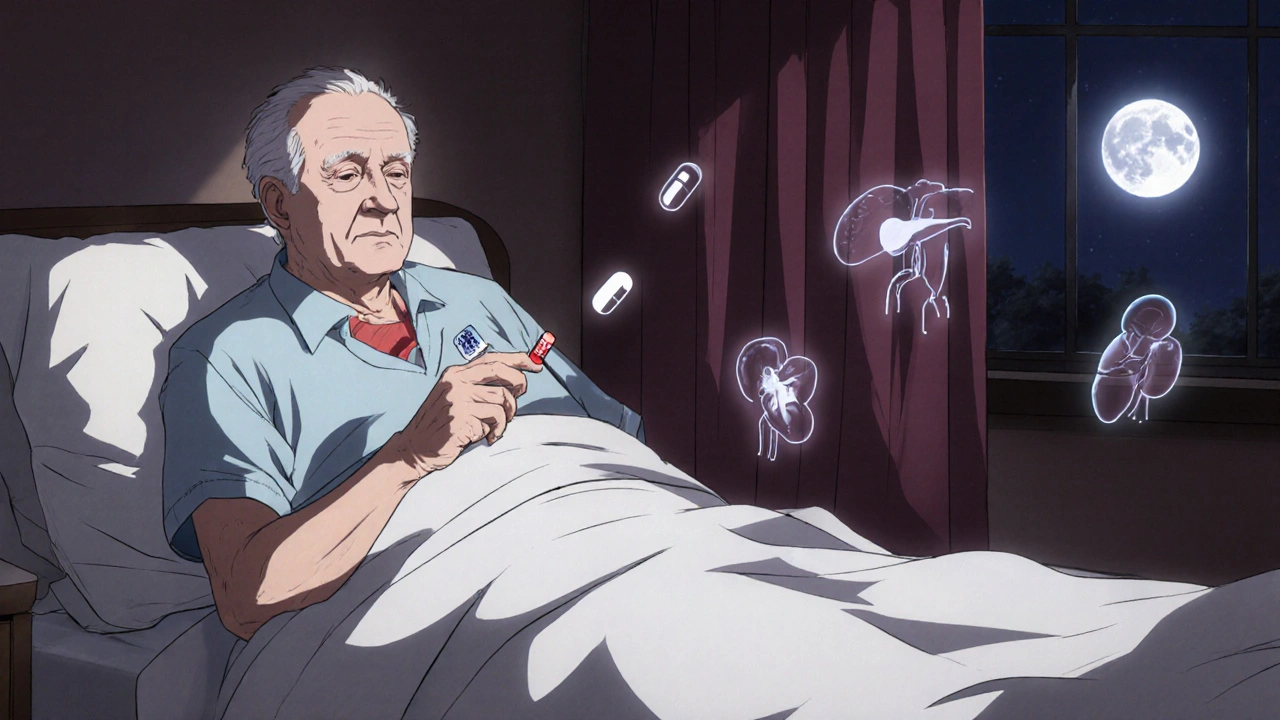 Elderly man with mechanical heart valve holding warfarin pill as DOACs fade away in moonlight