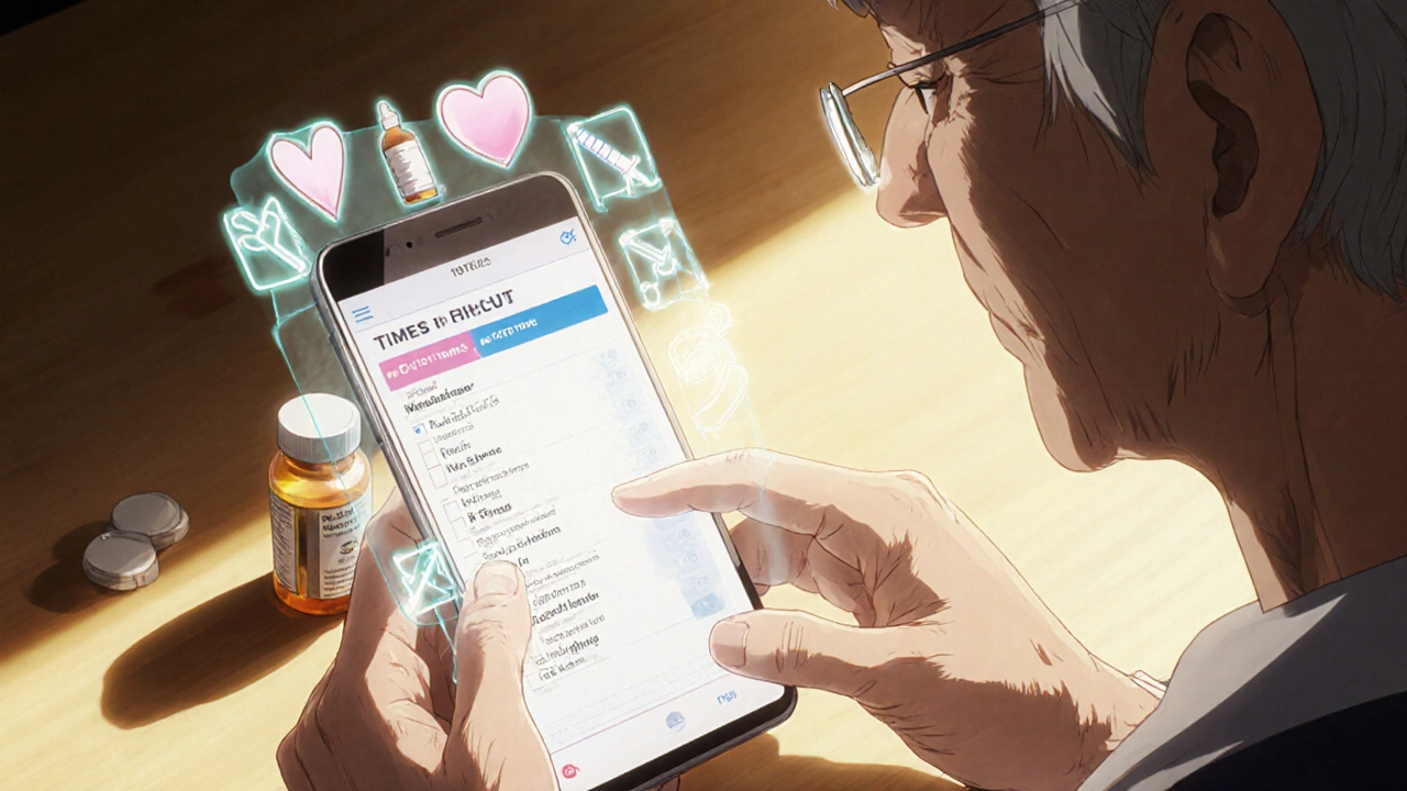 Elderly person checking medication schedule on phone with Eight Rights displayed as digital icons