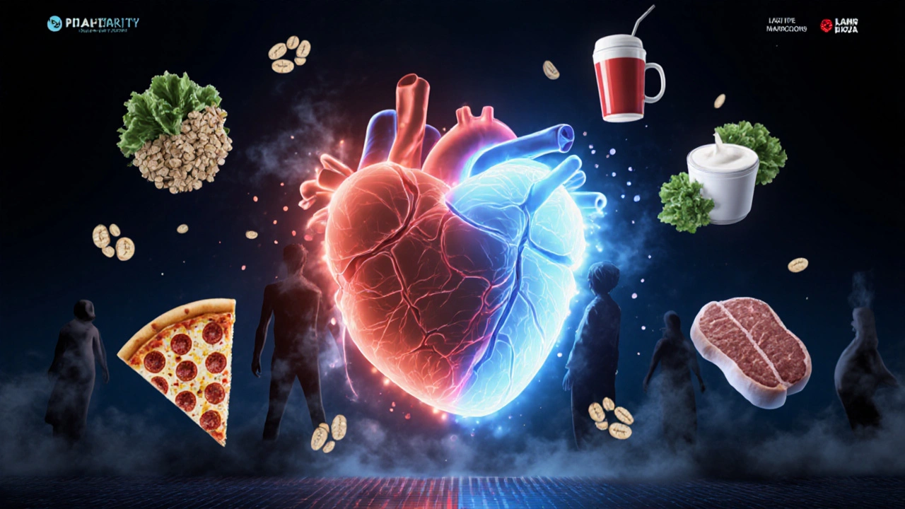 Heart transforming from stressed to healthy, surrounded by DASH foods as processed foods fade away