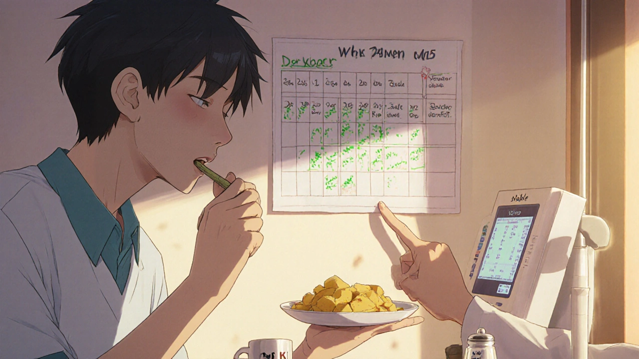 Patient eating safely with dietitian, laminated food chart on wall, stable heart monitor in background