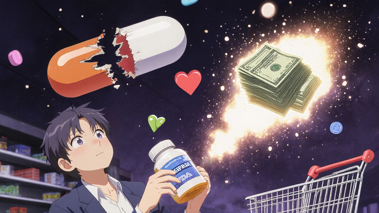 Patient holds generic pill as floating images show cost savings and health risks of skipping meds.