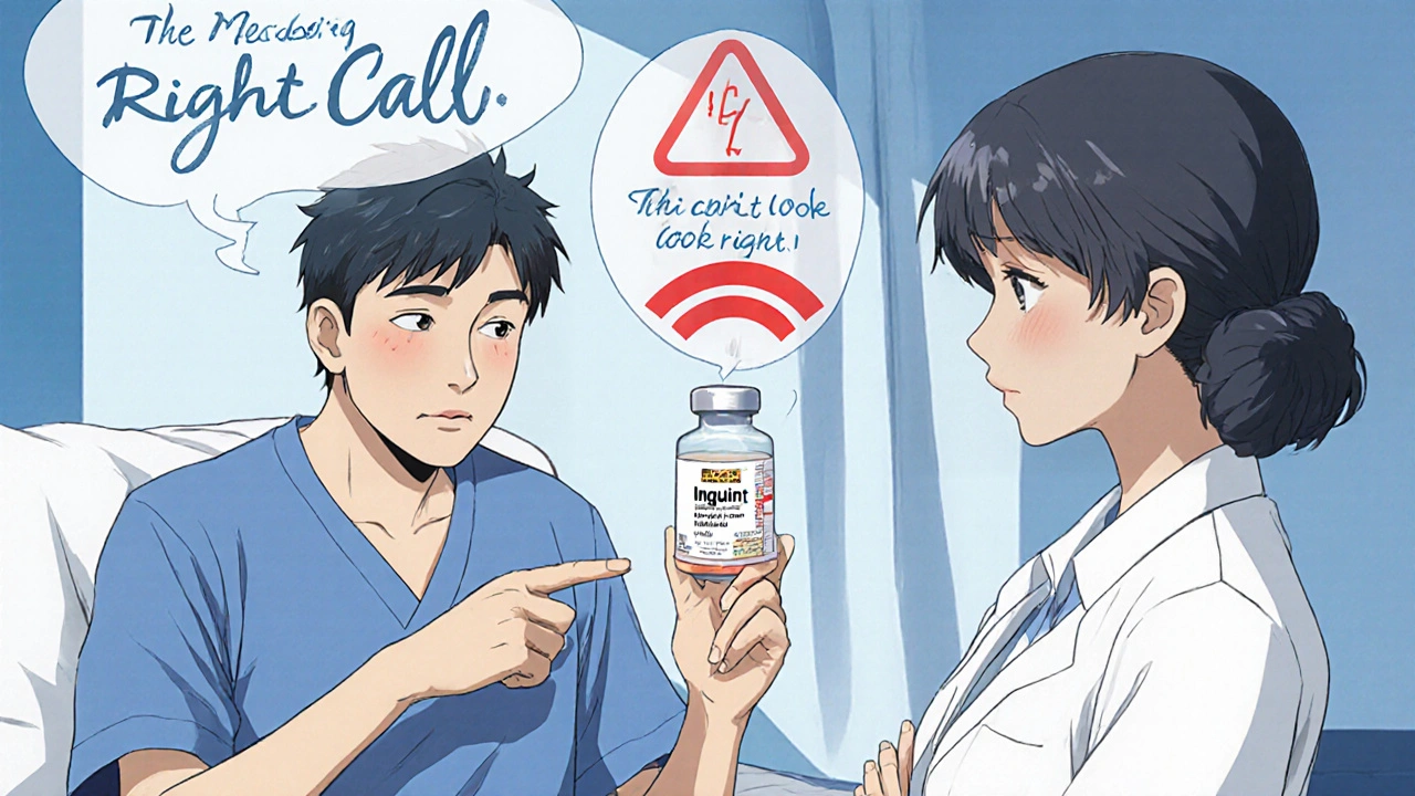 Patient questioning a medication label as nurse reacts, with warning symbol above insulin bottle