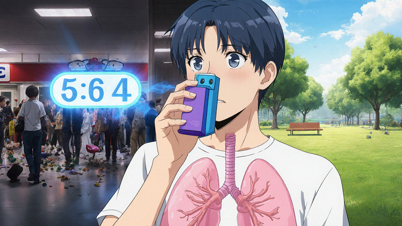 Patient using a spacer with combination inhaler, blue and purple puffs entering lungs in anime style.