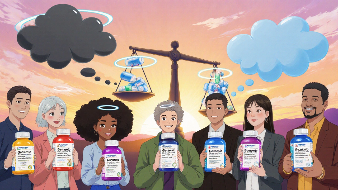 People smiling with improved generic medicine packaging, negative thoughts turning into positive halos.