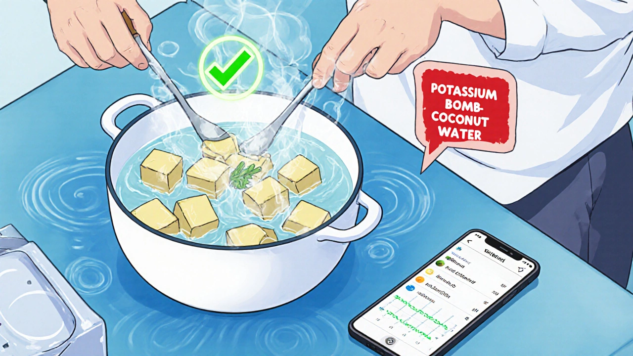 Person soaking potatoes in water, glowing green checkmark above pot, warning sign for coconut water