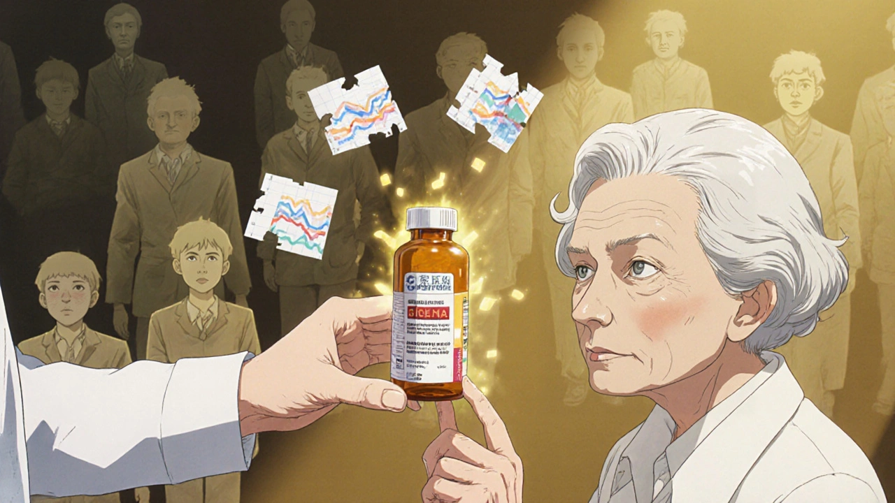 Pharmacist gives pill to elderly woman as ghostly male trial subjects fade away, representing progress.