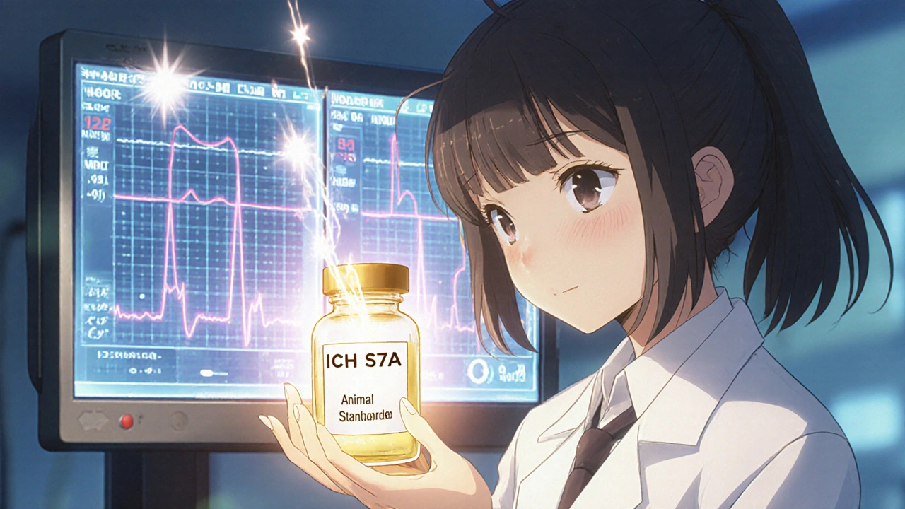 Scientist holding a glowing vial that stabilizes a holographic heart rhythm, representing ICH S7A safety testing.