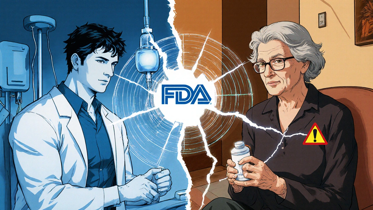 Split scene: young man in sterile lab vs. older woman in home with absorption graphs, showing trial bias.