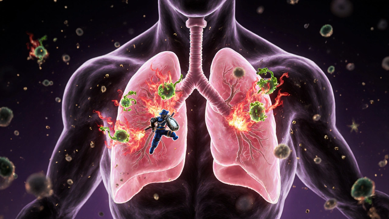 Tiny steroid molecules fighting inflammation inside lungs, turning swollen airways clean in anime style.