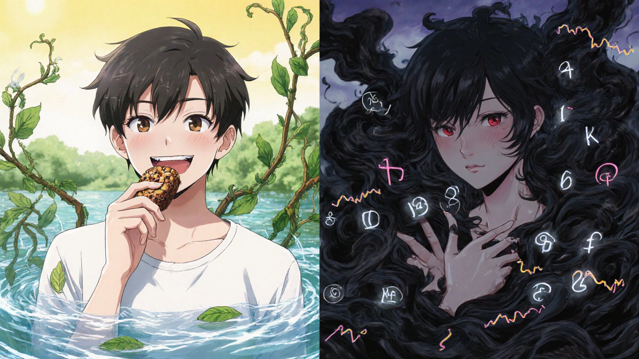 Two contrasting scenes: one safe, one dangerous, showing licorice&#039;s effects on the body with medical symbols.