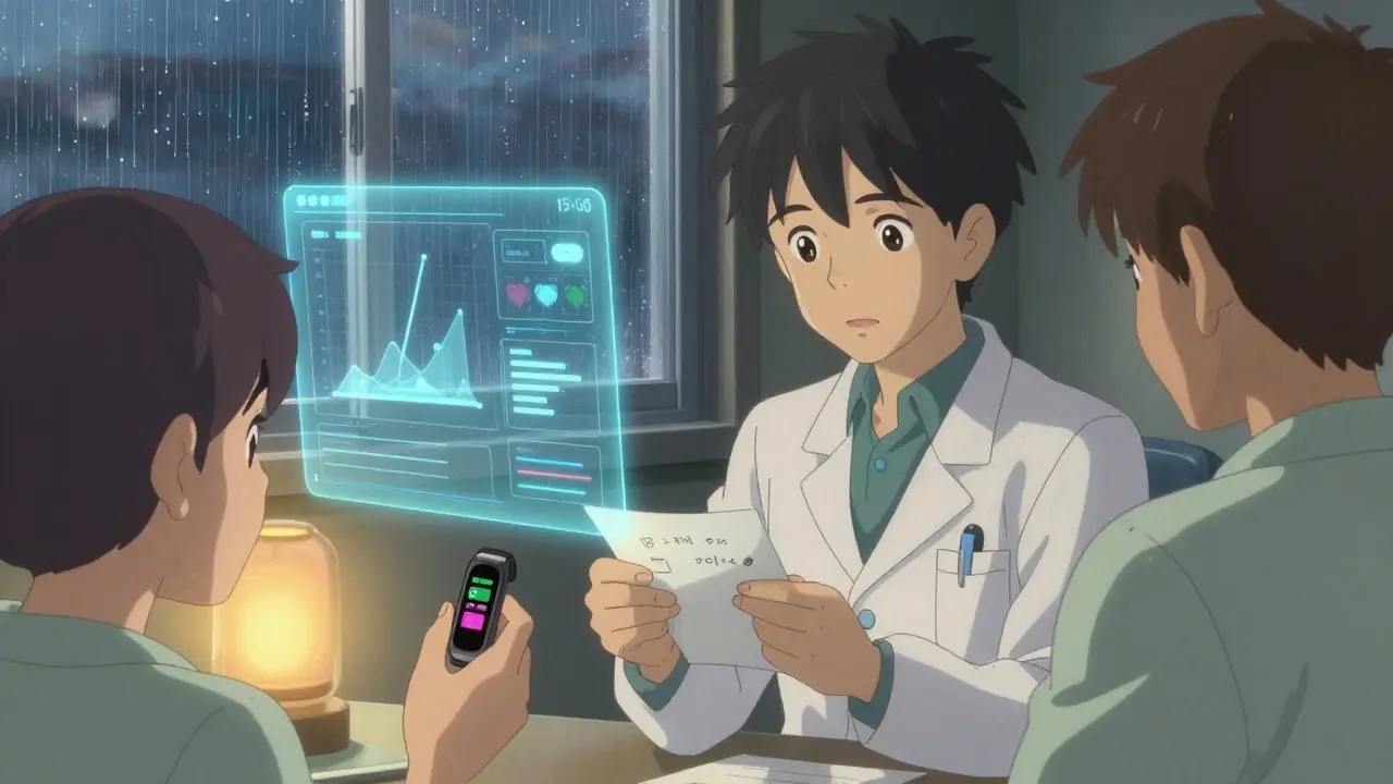 A healthcare provider writes a handwritten note to a patient, while a subtle AI interface glows in the background.