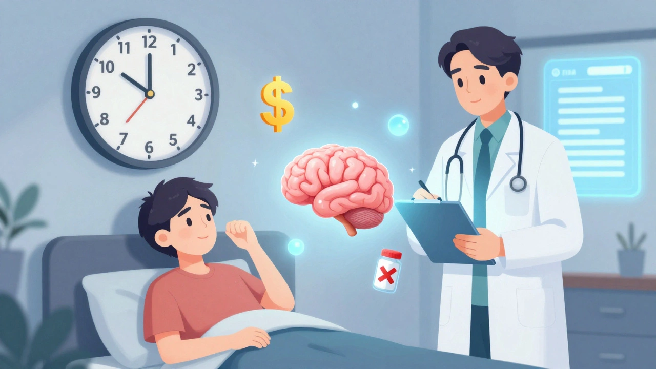 A person facing daily barriers to taking medication, with supportive technology in the background.