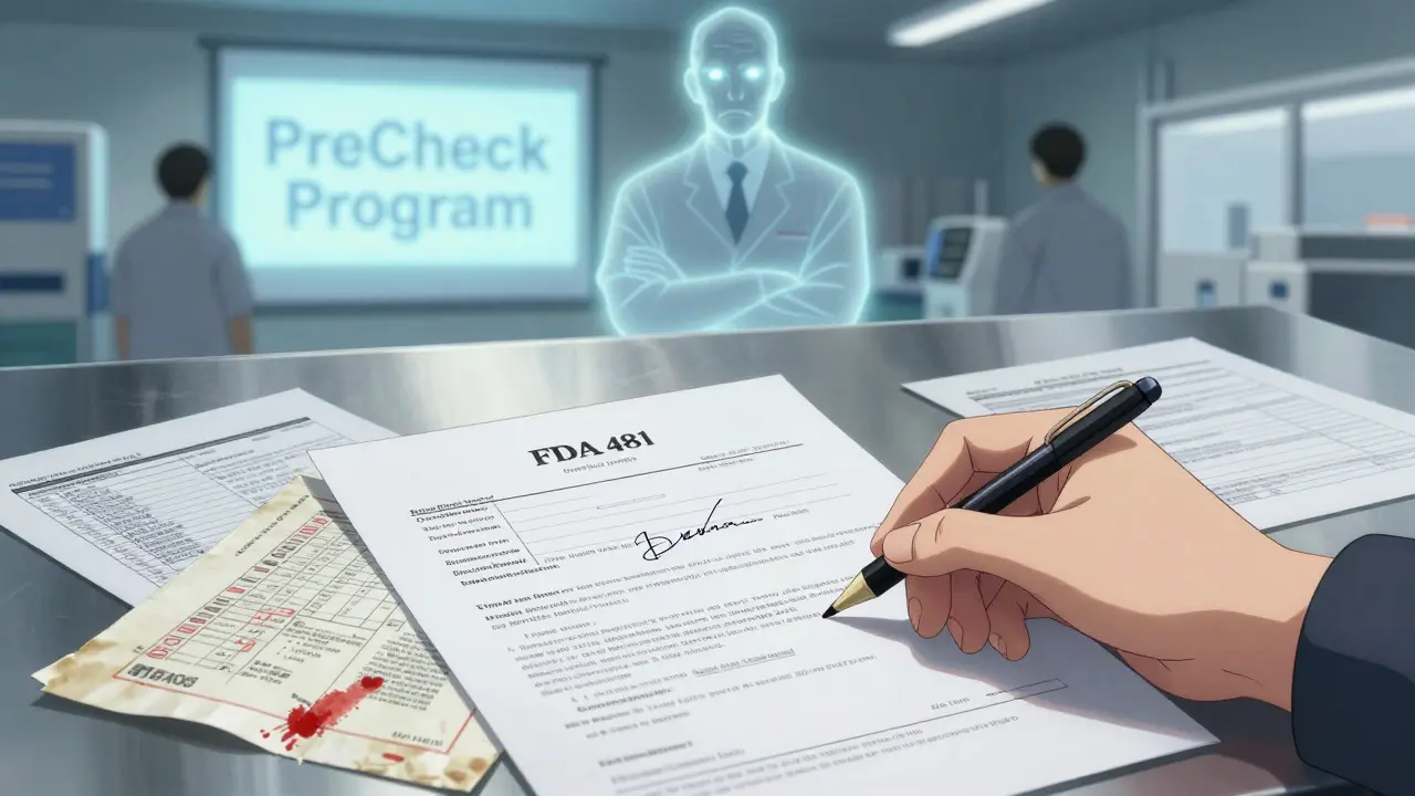A signed FDA 483 form on a table with torn documents, a glowing quality supervisor in the background, and a PreCheck banner ahead.