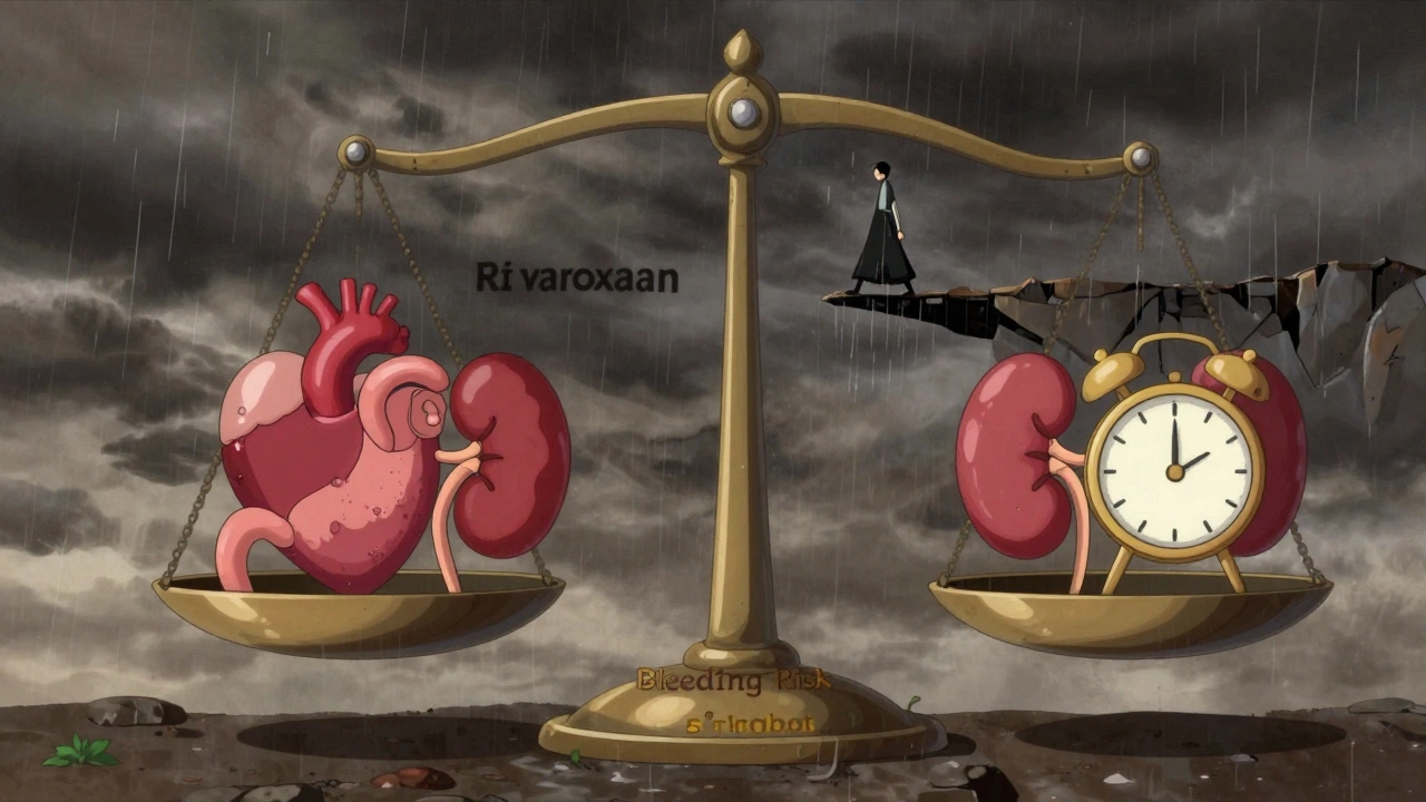 A symbolic balance scale comparing blood thinner risks, with rivaroxaban on a dangerous ledge above a chasm.