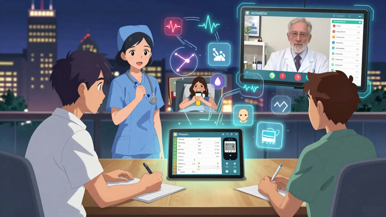 A virtual care team across U.S. cities coordinates patient care through digital interfaces, with health data floating around them.