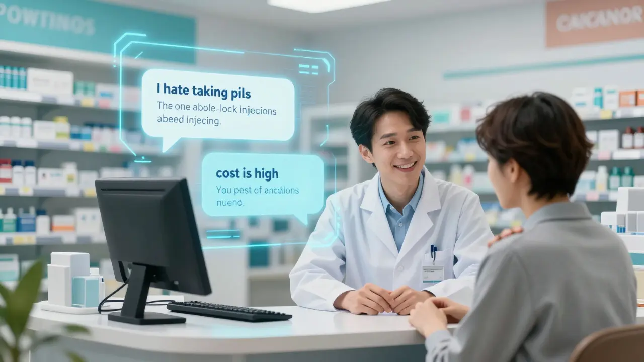 AI counseling interface glowing above pharmacy counter as pharmacist listens to patient.