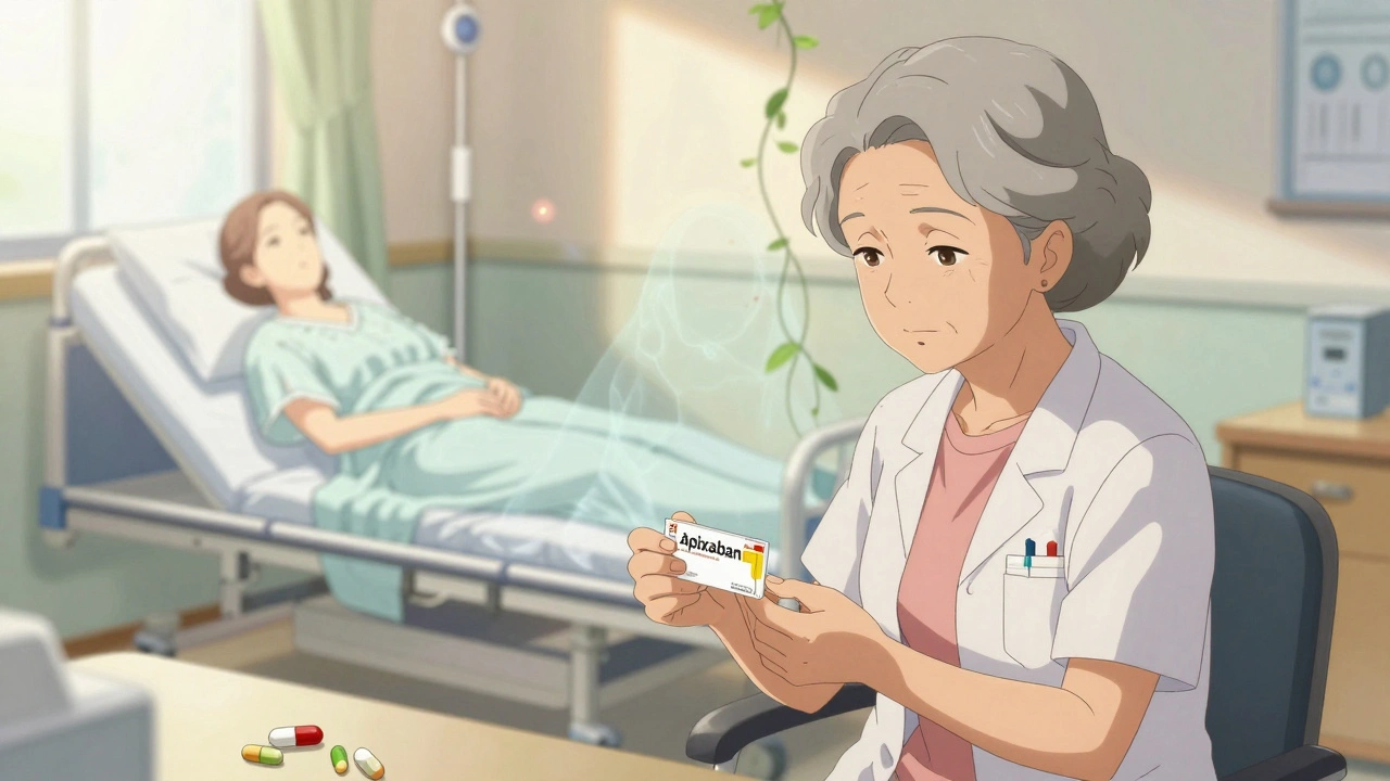 An elderly woman receiving apixaban prescription, with ghostly ER scene behind her showing past bleeding risk.