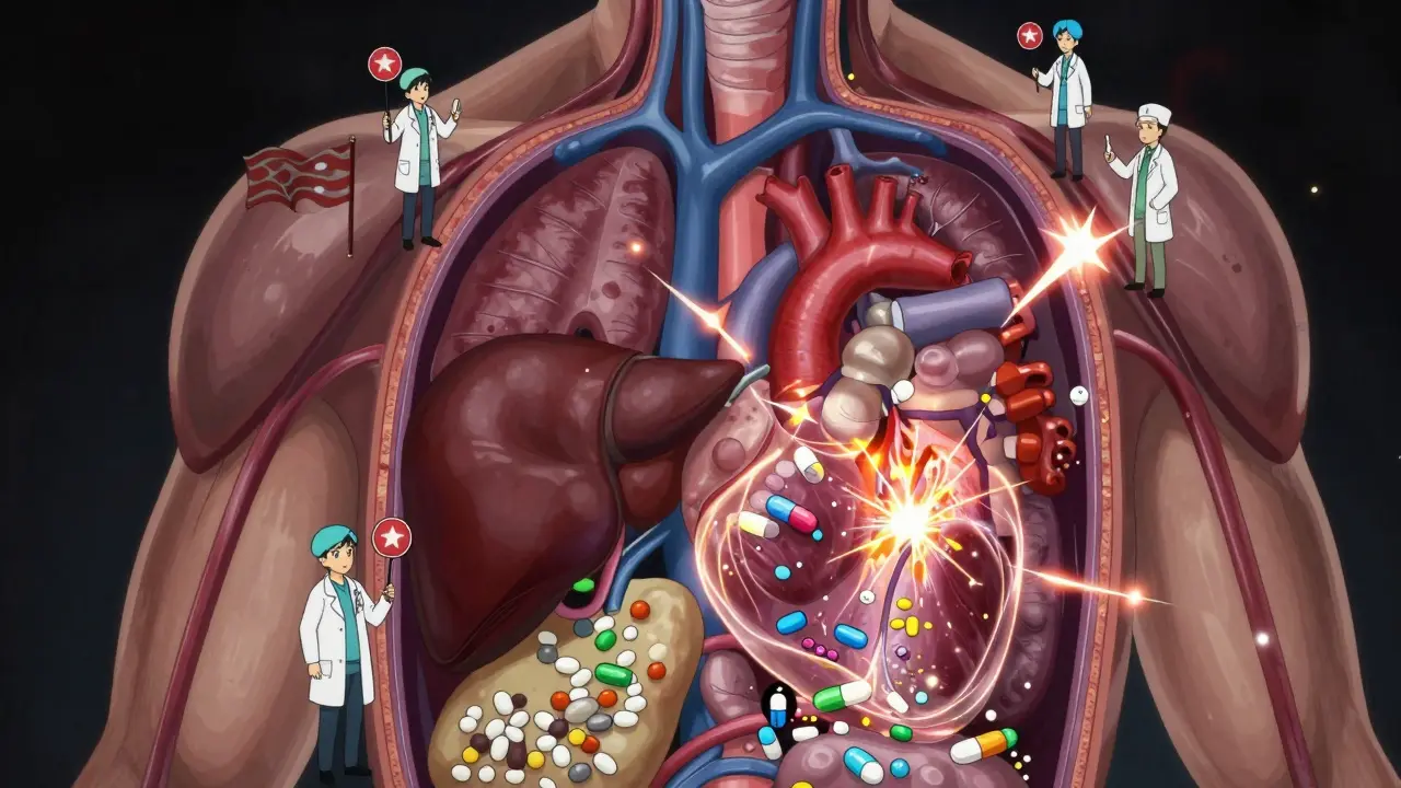Cross-section of a human body with glowing organs overwhelmed by drug particles and warning sparks.