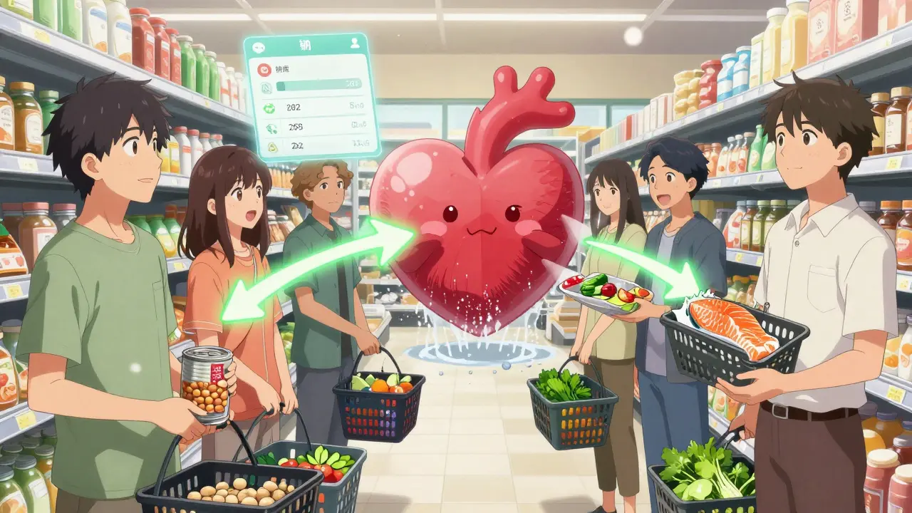 Diverse people grocery shopping with low-sodium foods, rinsing beans, and a sodium-tracking app.