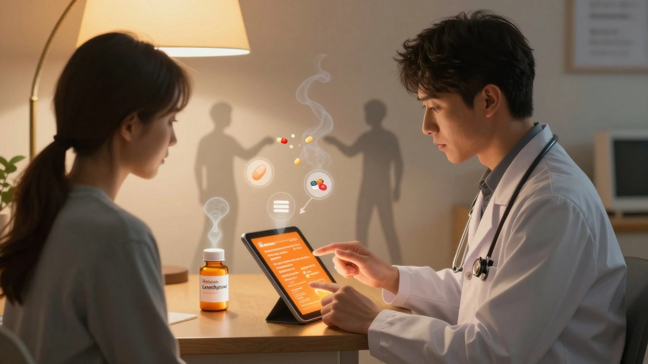 Doctor and patient reviewing FDA Orange Book on tablet with key NTI drug icons glowing