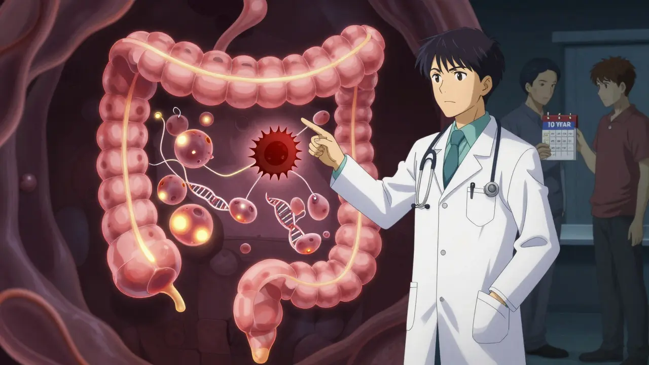 Doctor explaining colon polyp risks using a glowing animated colon diagram with conflicting advice visuals.