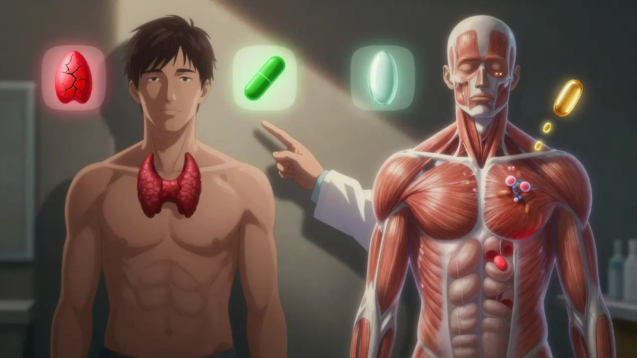 Doctor showing chart comparing statin effects in normal vs. hypothyroid patients, damaged muscles visible.