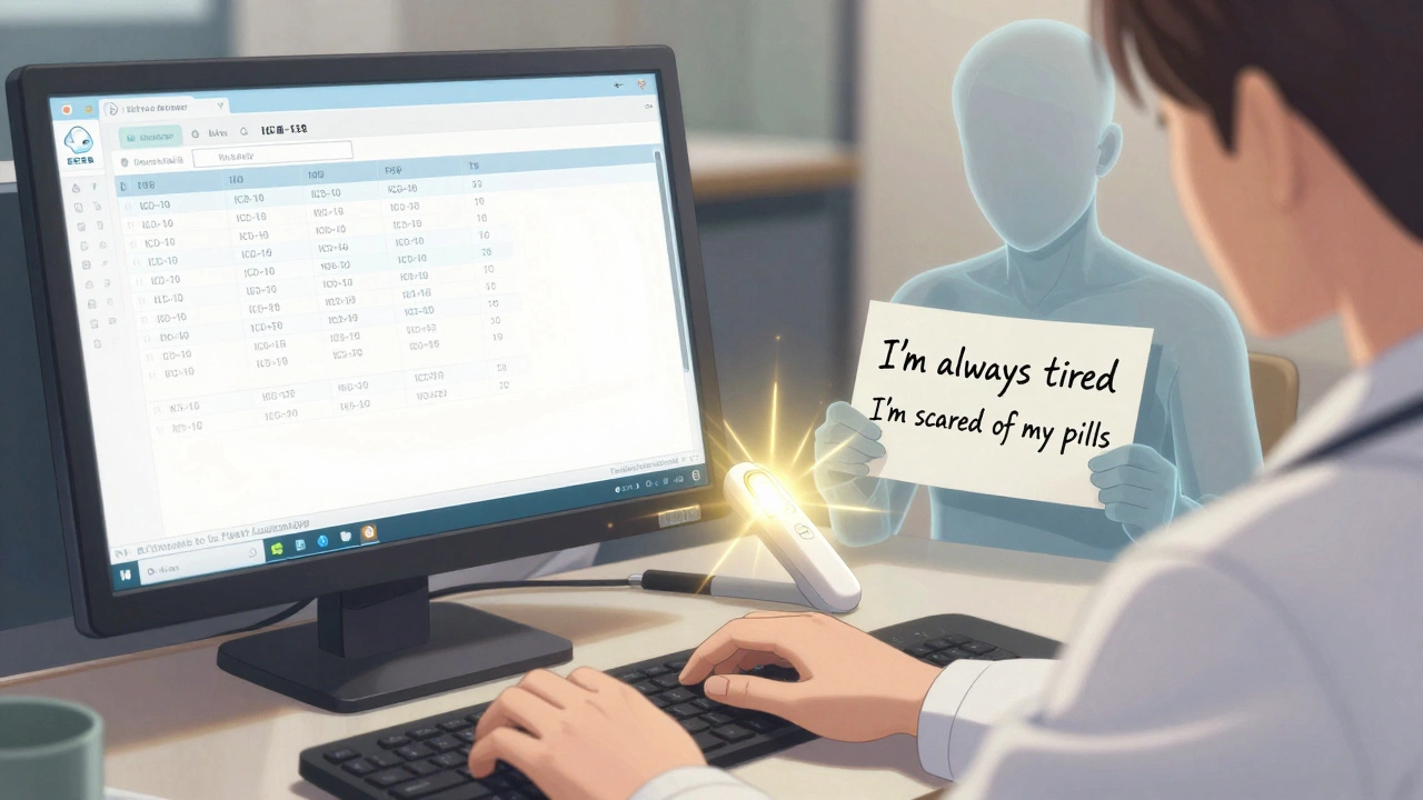 Doctor typing clinical codes while a patient&#039;s personal symptoms float beside them, a translation tool glowing nearby.