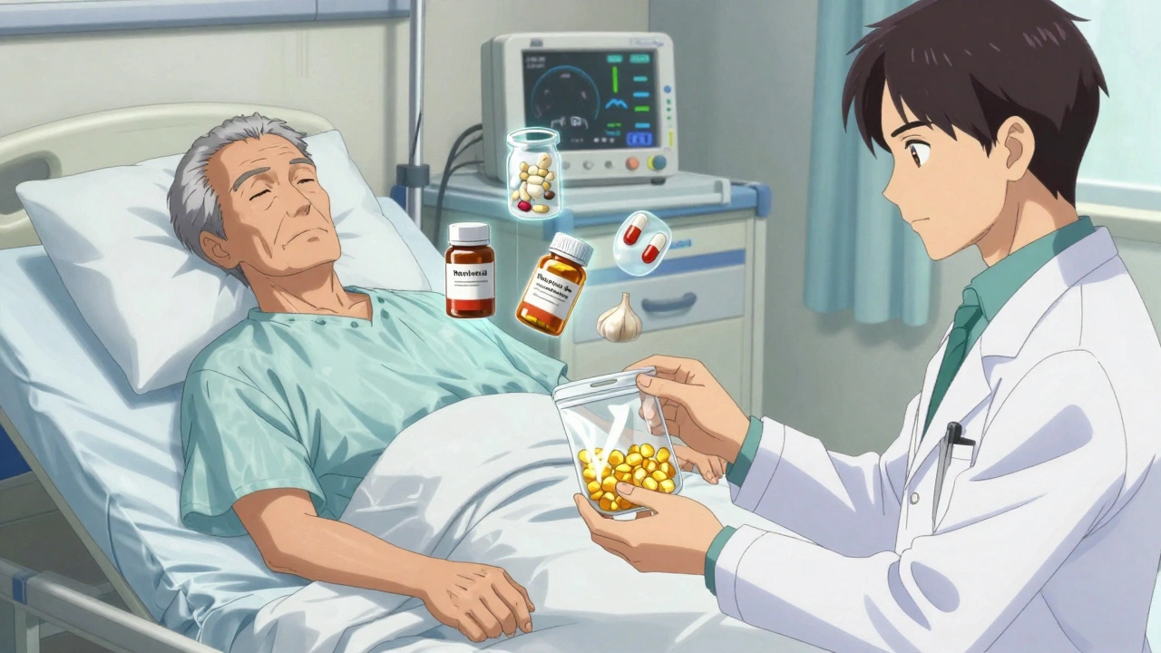 Elderly man in hospital bed with transparent images of forgotten supplements hovering above him.