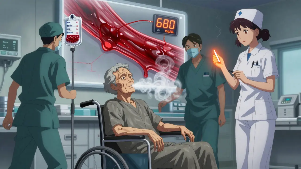 Elderly patient in emergency room with IVs, showing signs of severe dehydration and high blood sugar.