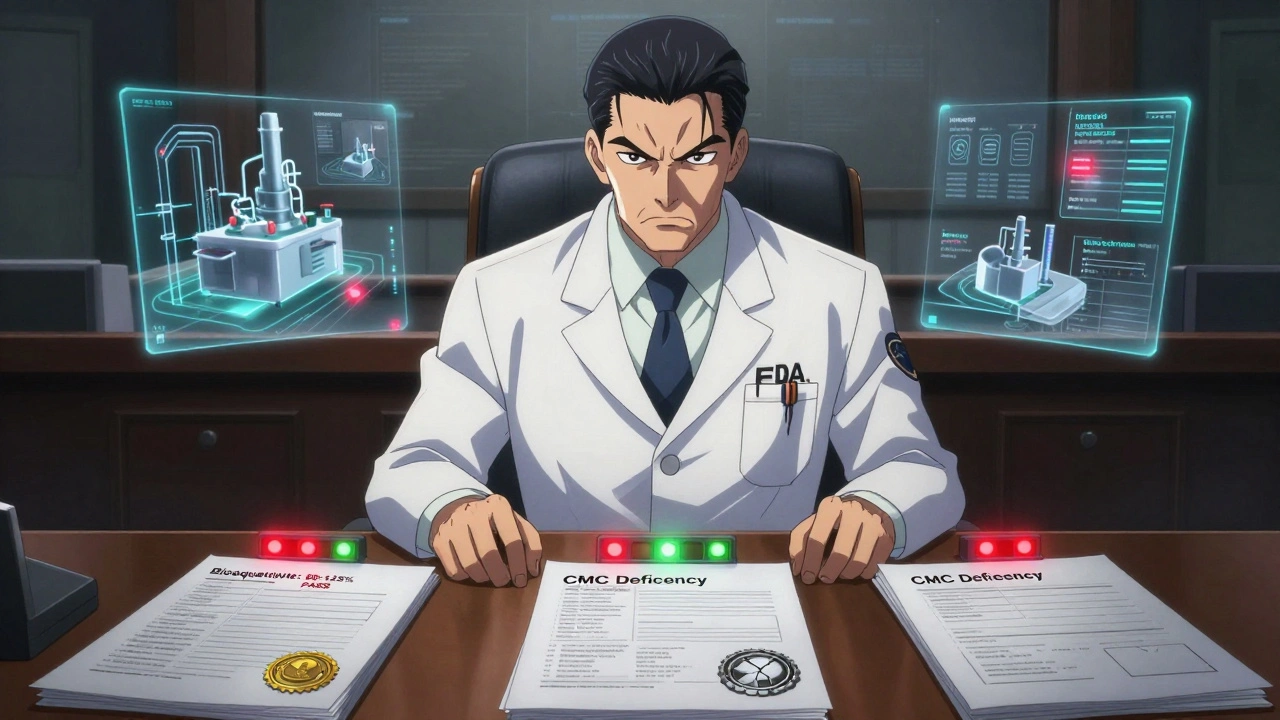 FDA inspector reviewing eCTD dossier with status lights and manufacturing inspections