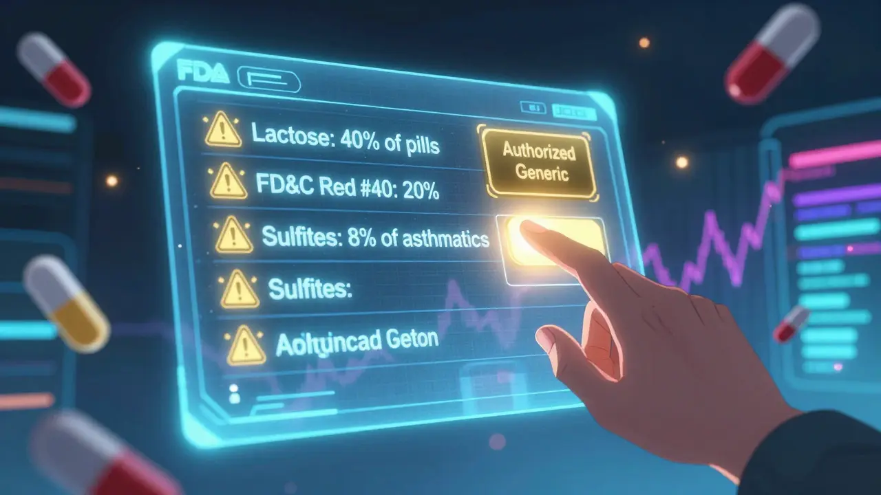 Floating digital FDA database displaying percentages of common inactive ingredients in medications.