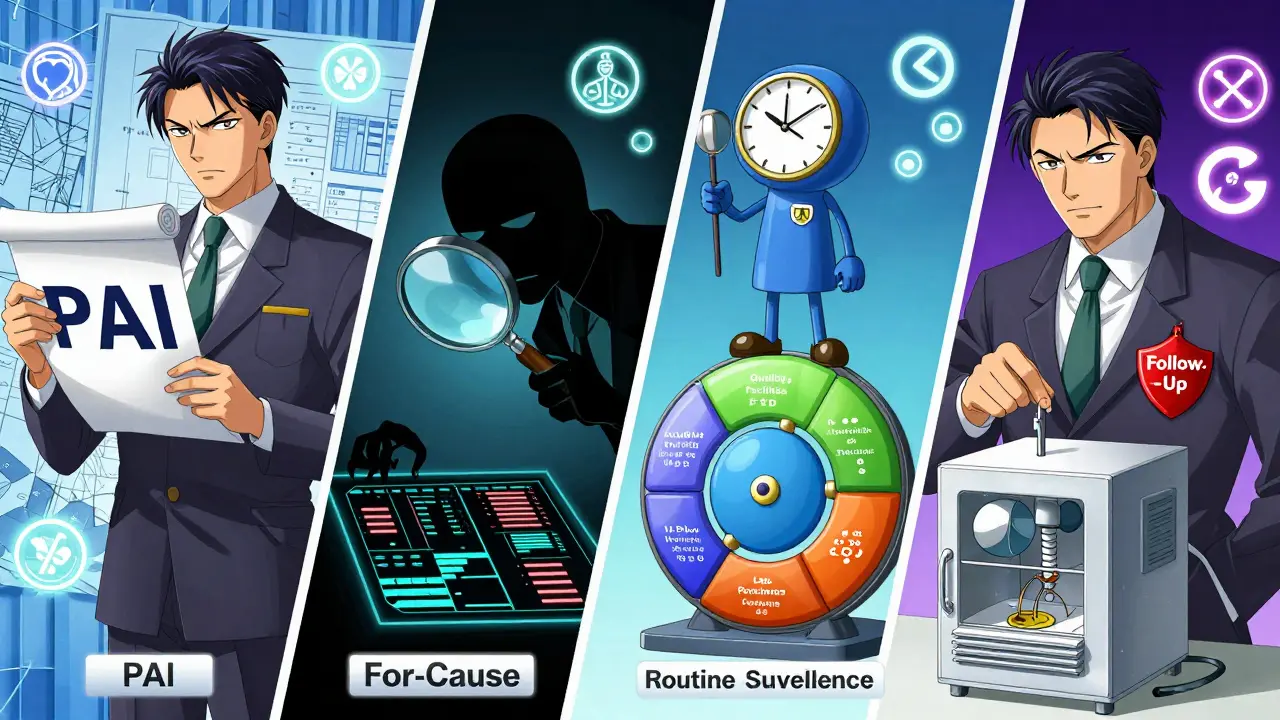 Four symbolic FDA inspection types represented as anime characters around a 6-system wheel with glowing regulatory icons.