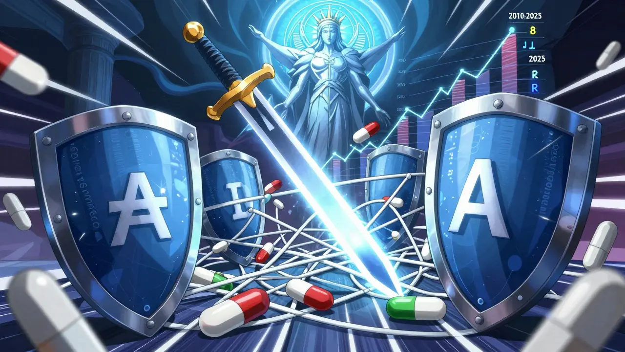Generic drug symbols defeating patent shields in a stylized anime battle scene.