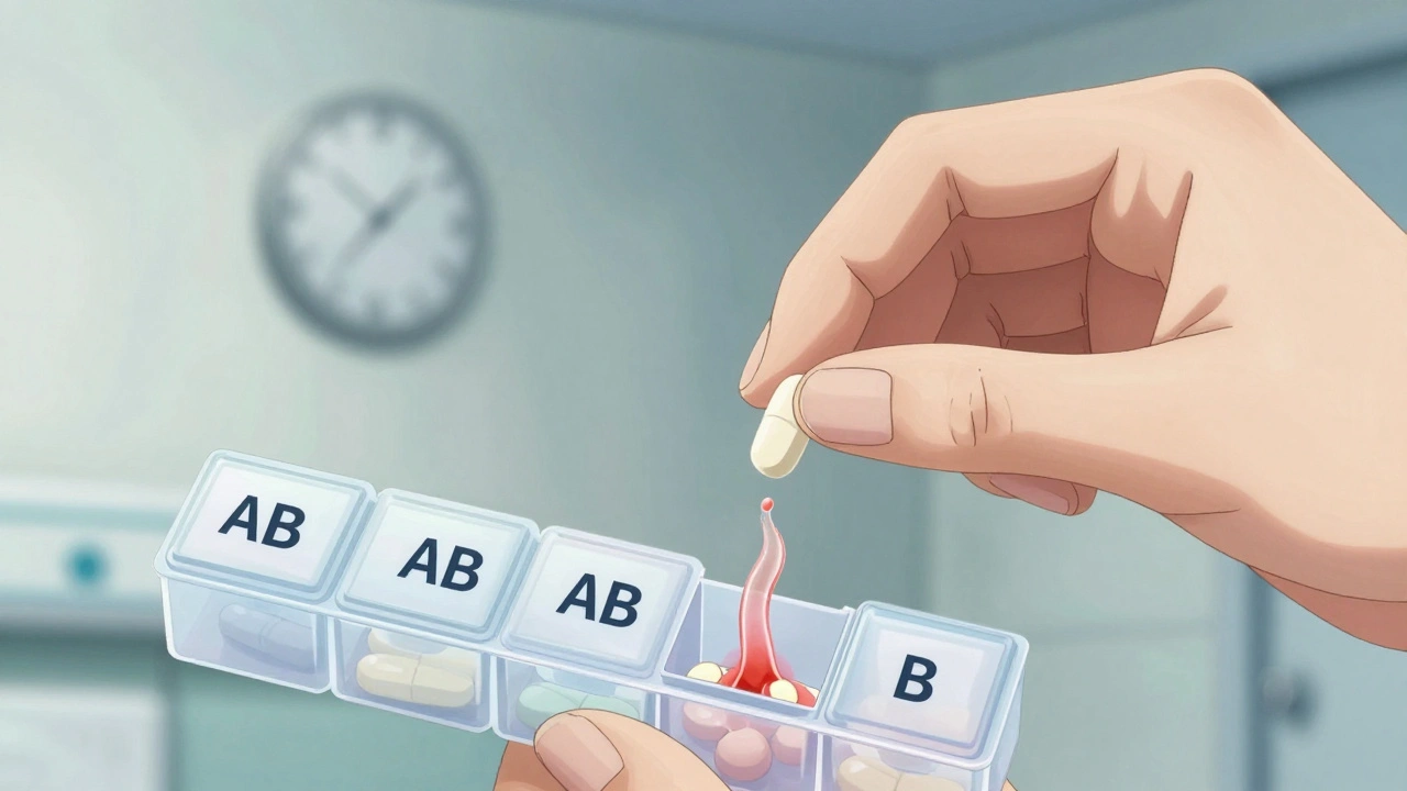 Hand placing pill in organizer with bloodstream streams showing steady vs erratic absorption