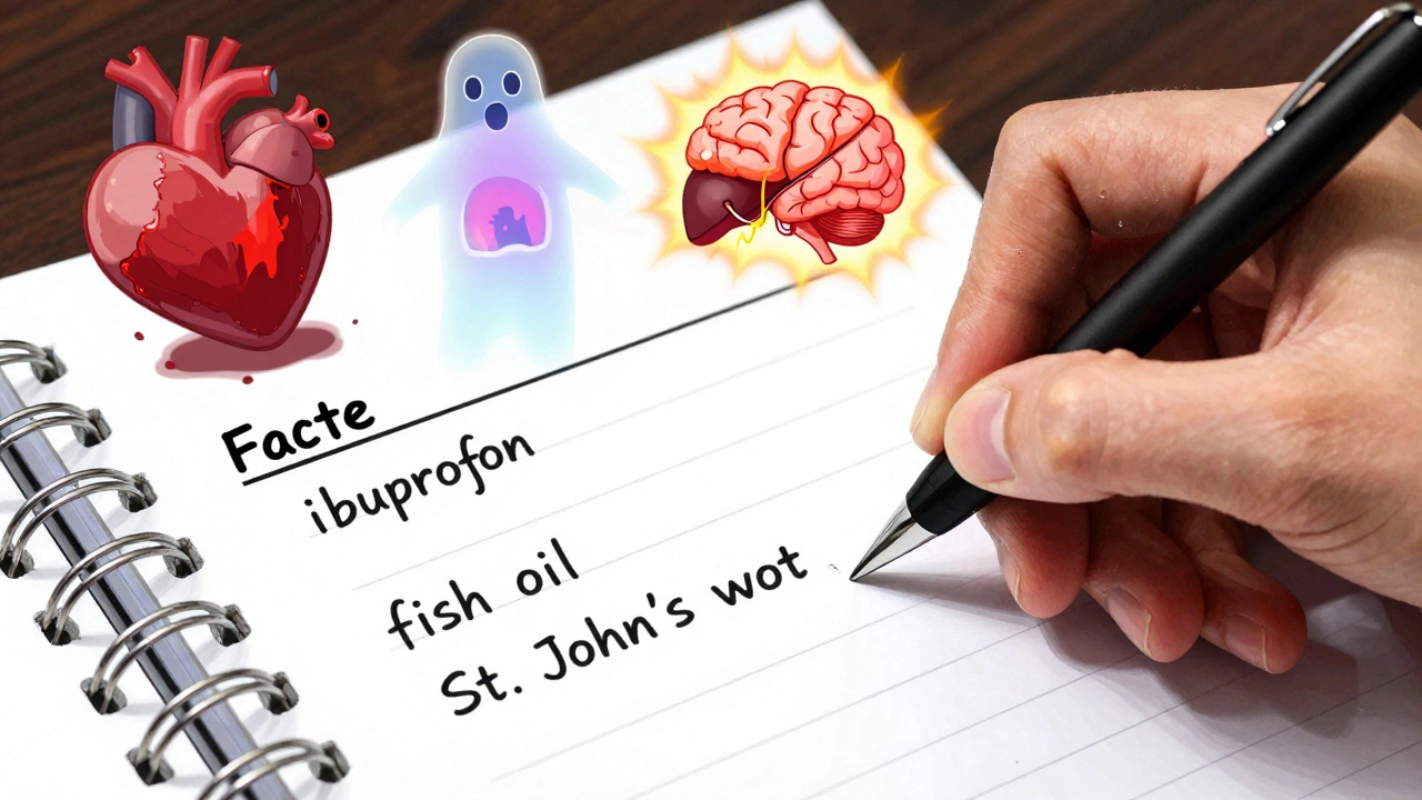 Hand writing a detailed medication list with ghostly warning icons floating above the page.