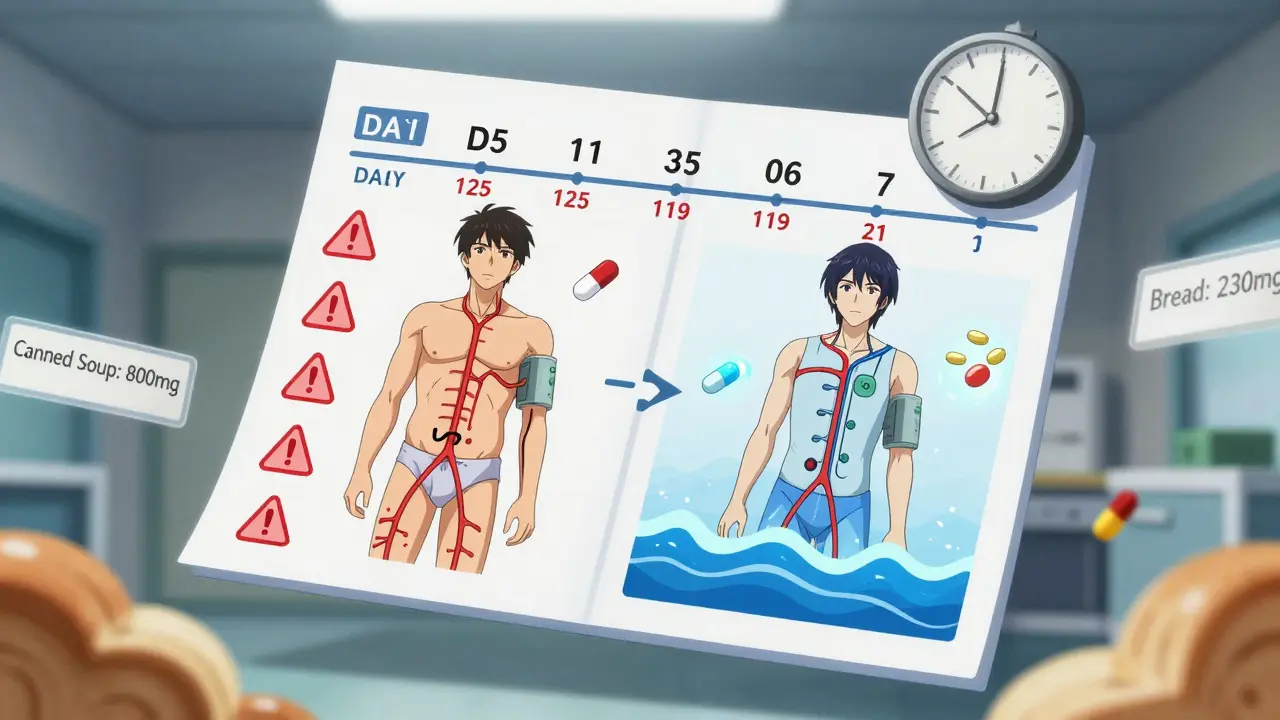 Medical chart comparing high and low sodium diets with blood pressure changes over seven days.