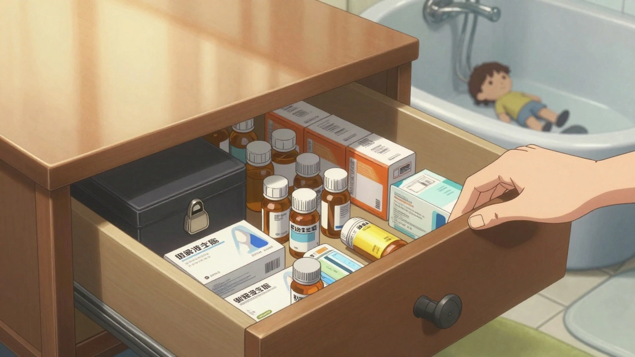 Medications safely stored in a bedroom drawer with soft light