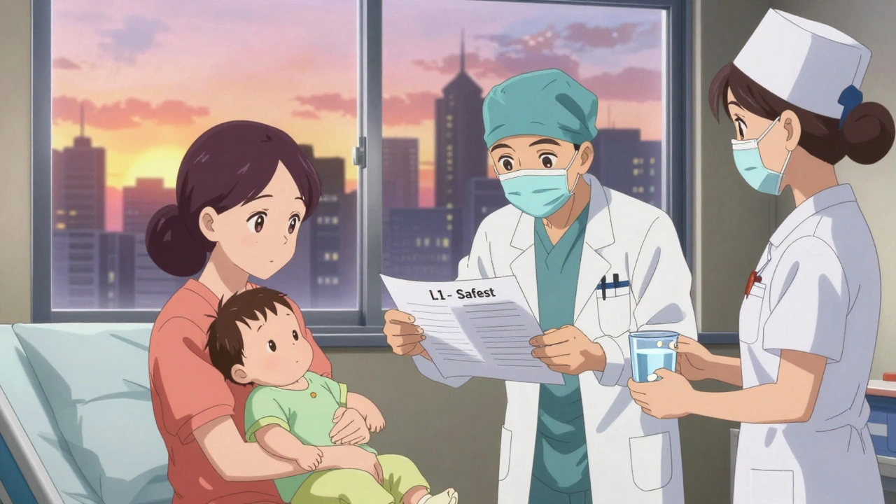 Mother receiving reassurance from doctor about safe medication while breastfeeding.