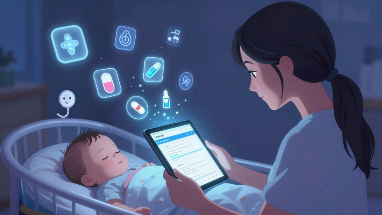 Mother viewing LactMed on a tablet with floating safe medication icons around her.