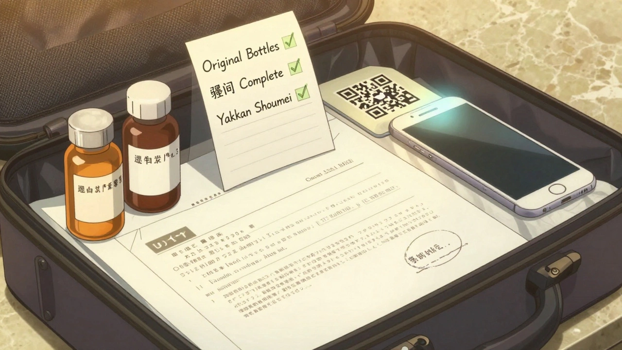 Organized travel medication kit with original bottles, letter, and QR code on a counter under warm light.