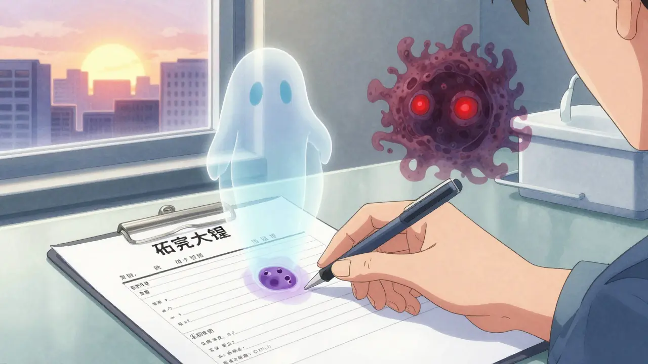 Pathology report with ghostly polyp spirits rising, one dissolving and another turning into a shadow.