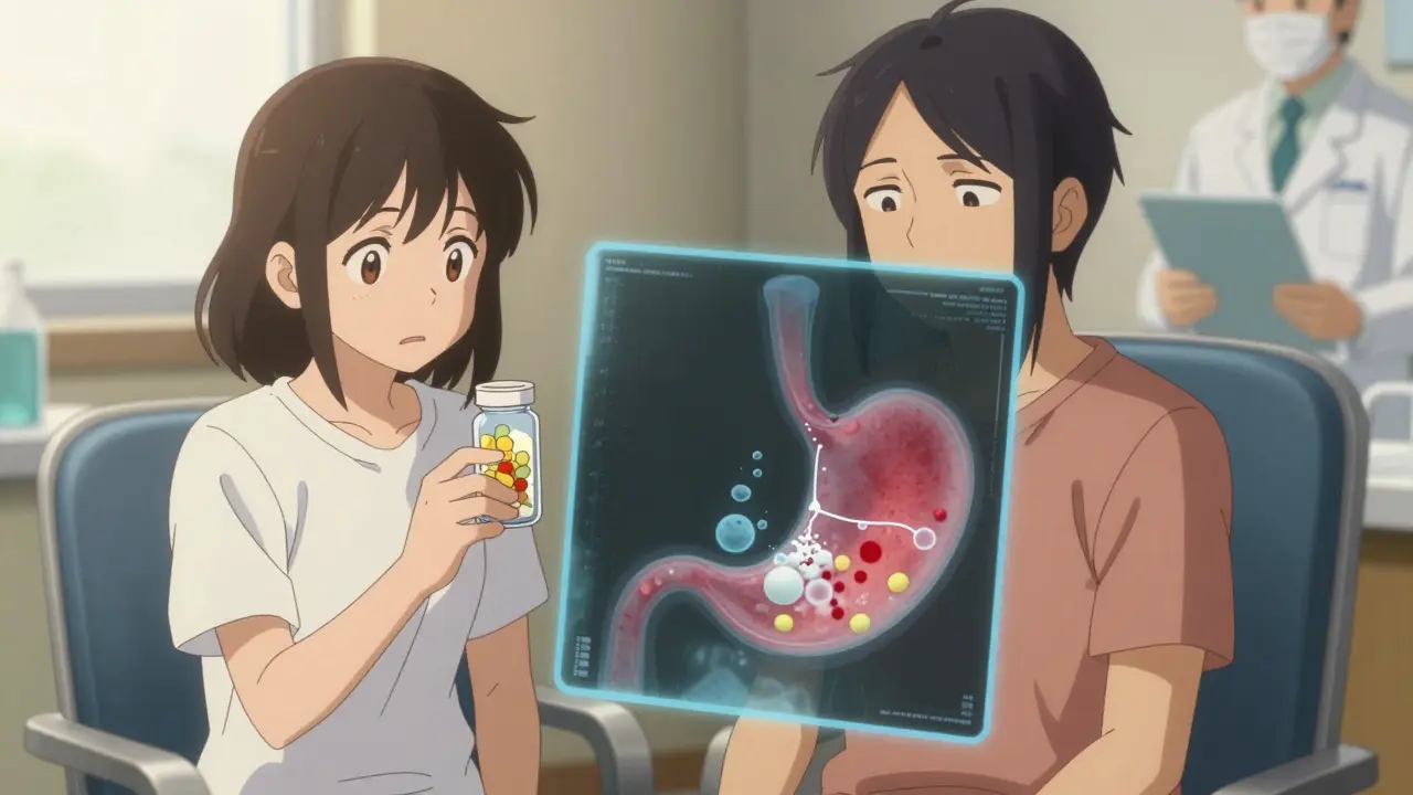 Patient holding a pill bottle with a transparent X-ray showing how excipients affect absorption in the stomach.