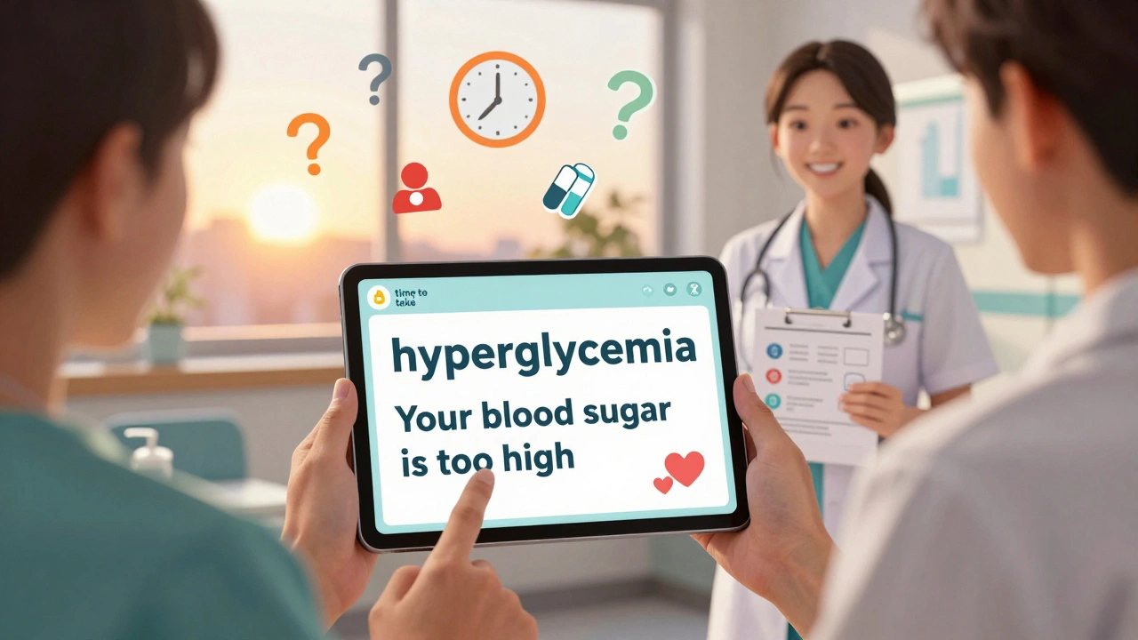 Patient reading translated medical notes on a tablet, healthcare worker smiling beside them in a sunlit clinic.