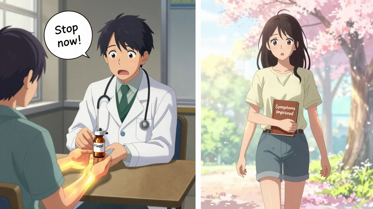 Patient returning metronidazole prescription and later walking confidently as symptoms fade.