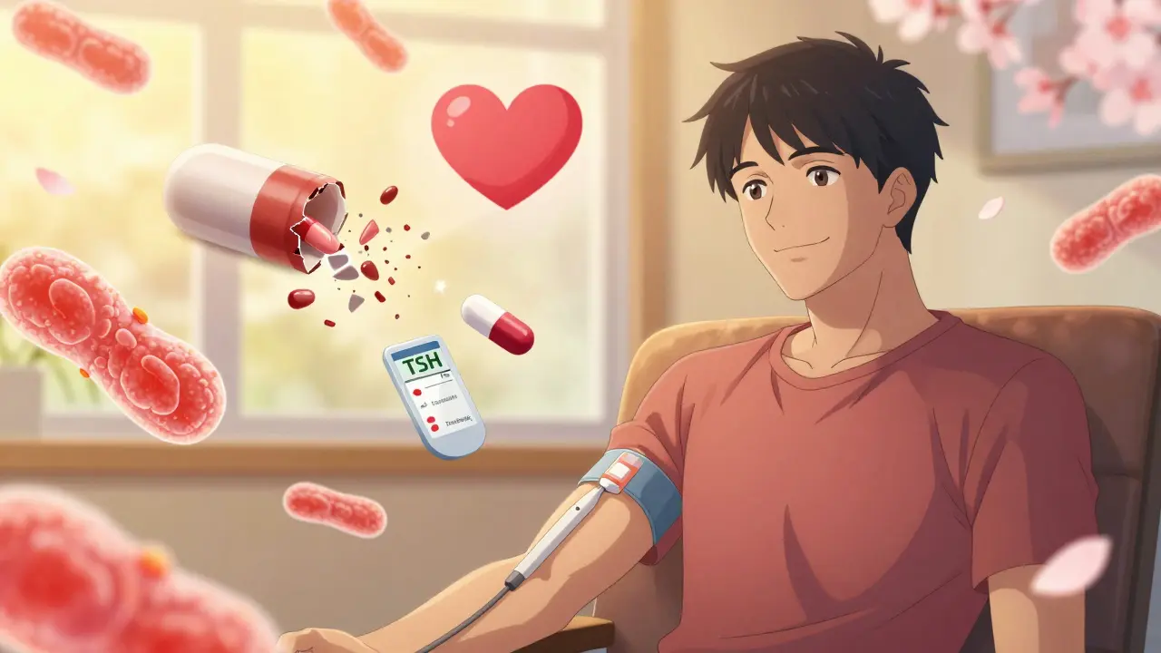 Patient smiling with normal TSH results, safe statin pill nearby, healthy mitochondria glowing, heart pulsing.